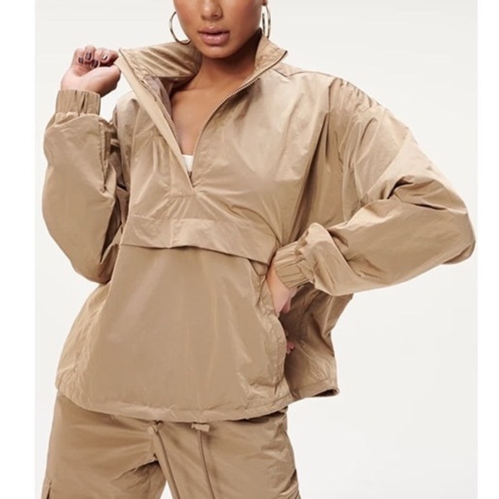 NWT Good American Anorak Putty Nylon Quarter Zip Windbreaker Jacket Size 00/0 XS
